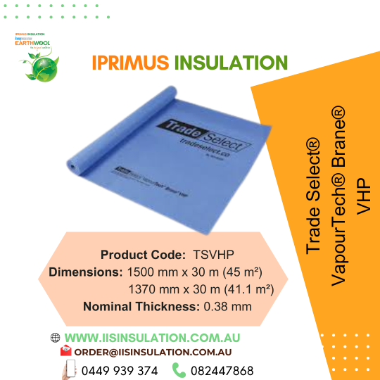 Trade Select VapourTech Brane VHP PC:TSVPH Dimensions 1500mm x 30 m (45 m2), & 1370mm x 30 m (41.1 m2), Thickness: 0.38mm